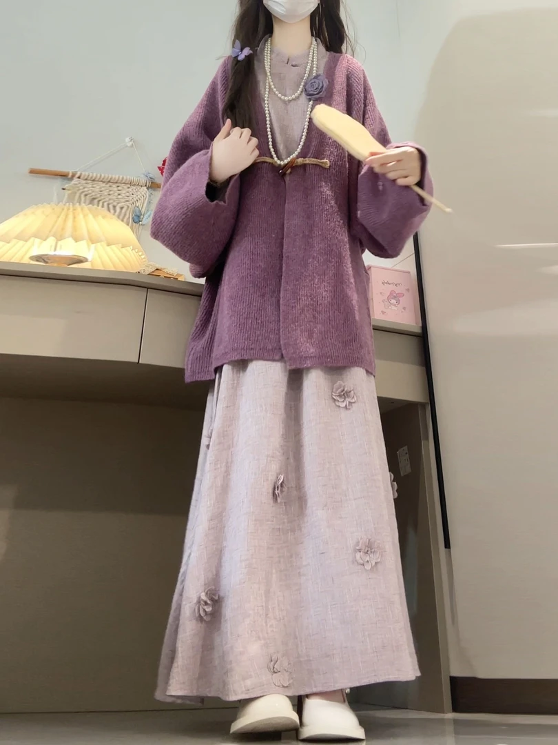 2025秋季新款国风一整套女新中式盘扣针织外套连衣裙气质三件套装