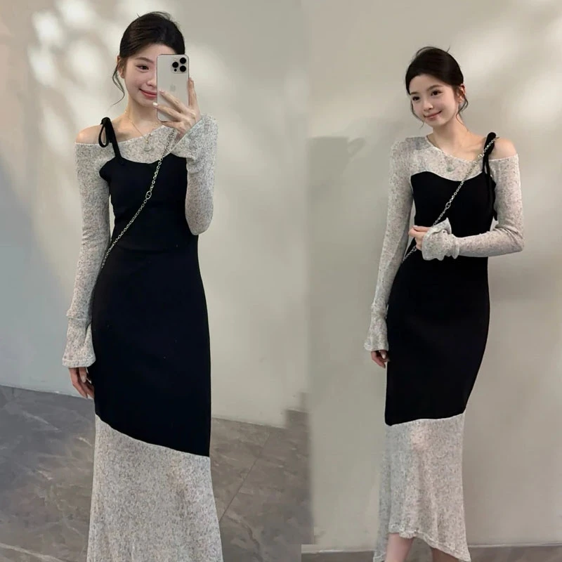 【颂宋】秋季新款拼色不规则假两件喇叭袖针织中长连衣裙DT1511