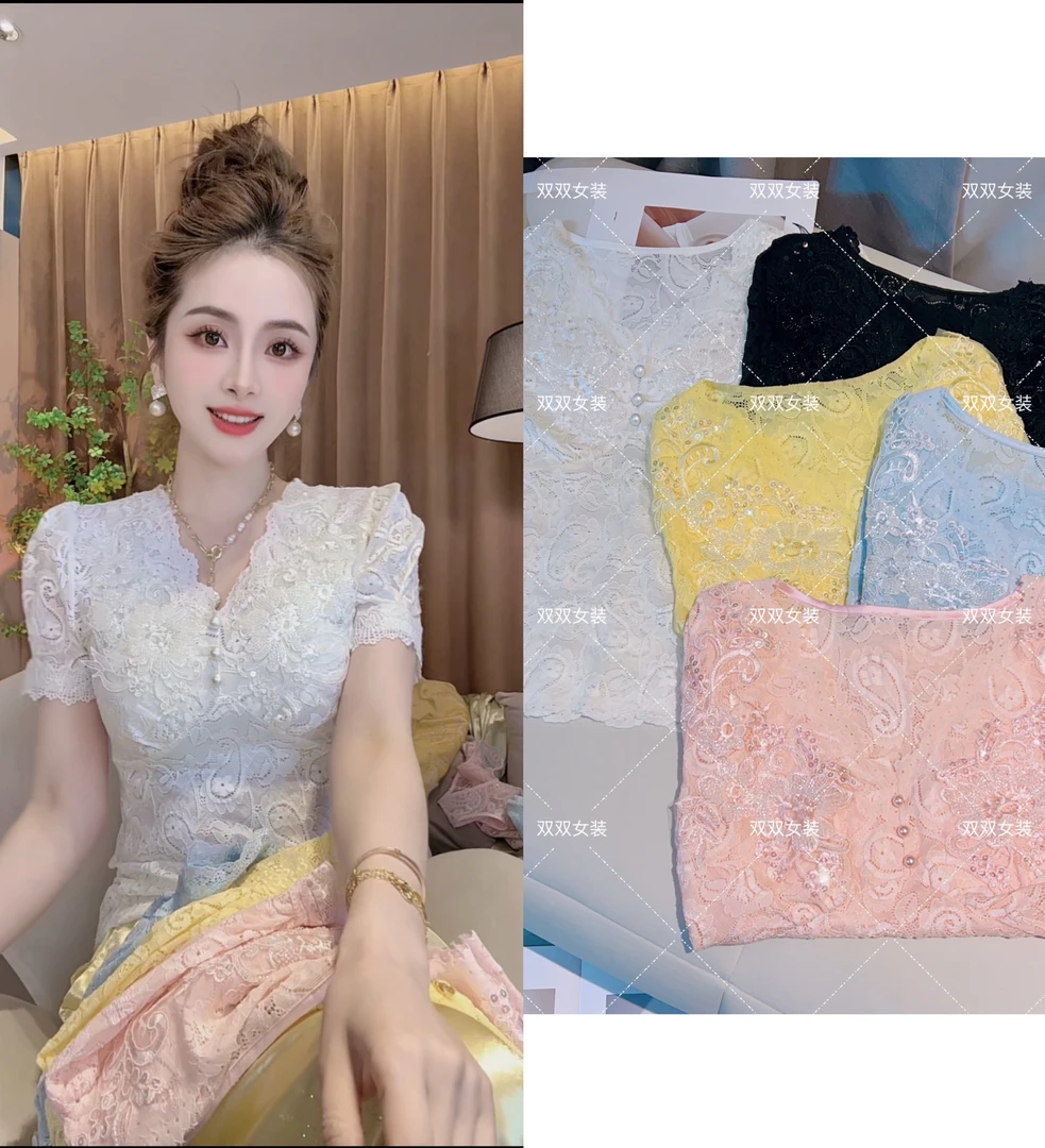 SS.studio/双双：“蕾丝花语短袖”新中式睫毛百搭时尚蕾丝弹力短袖