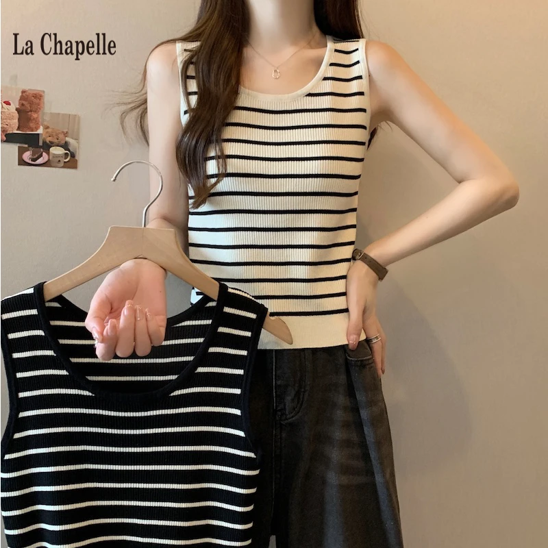 拉夏贝尔条纹针织打底吊带背心女2024夏新款大码胖mm遮肚显瘦上衣