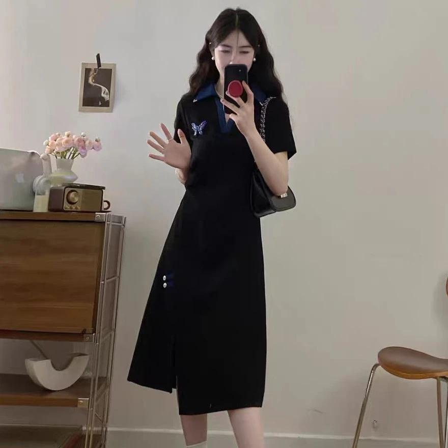 （芸品专属）大码胖mm新款设计感短袖连衣裙夏季显瘦开叉中长裙1833