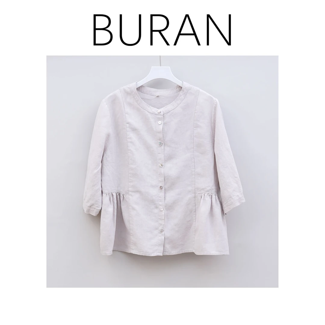 BRCP/布然初品春夏汉麻褶皱下摆衬衣文艺五分袖圆领百搭纯色H7015