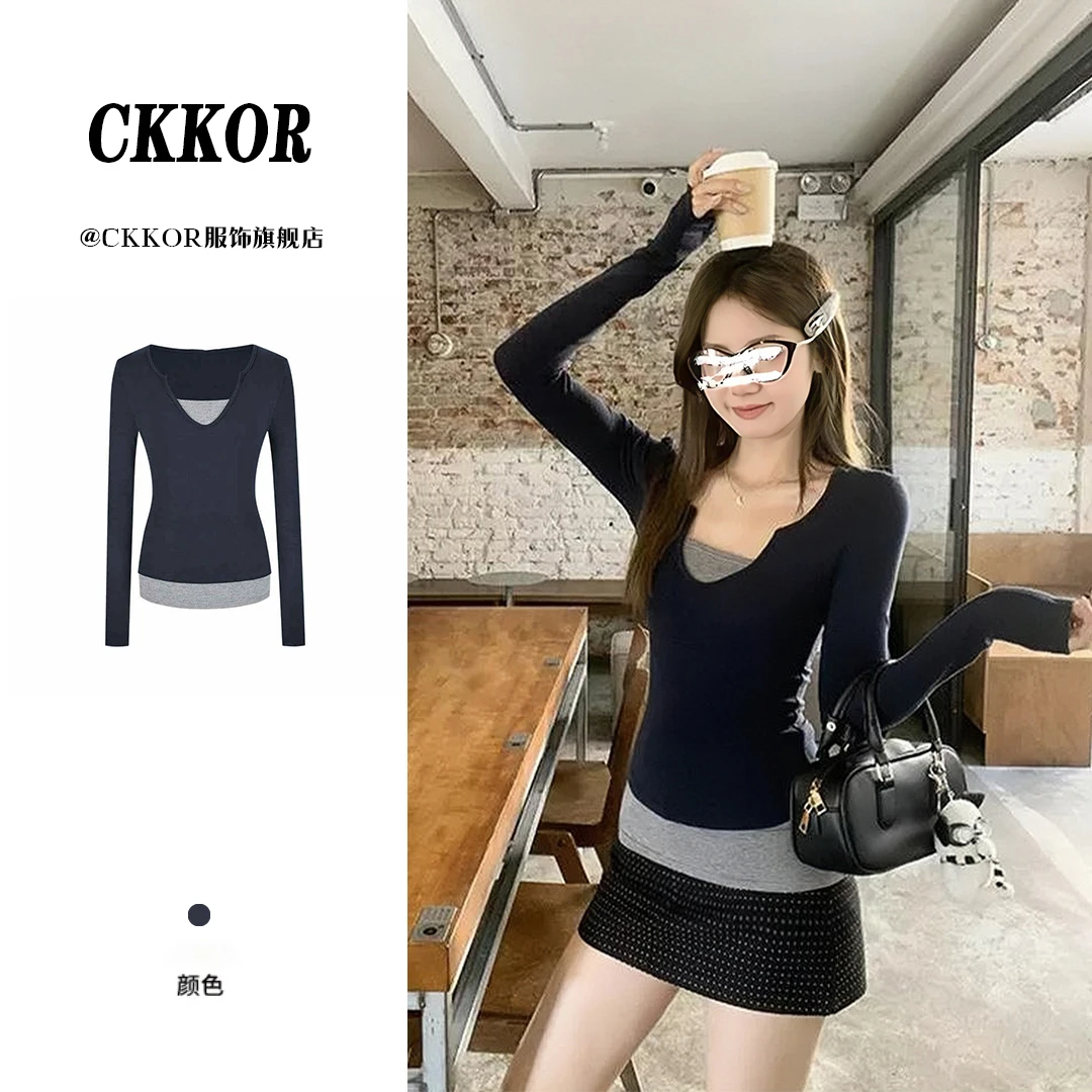 CKKOR春秋新款美式假两件长袖t恤女拼接撞色修身辣妹风内搭打底衫