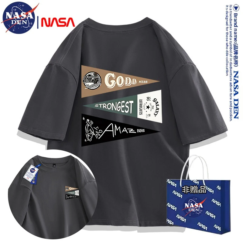 NASA联名重磅纯棉短袖休闲时尚印花五分袖男女宽松T恤潮流风夏季