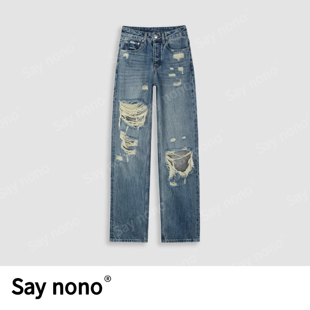 懒猫nono│Saynono 破洞牛仔直筒休闲裤/RCQ5100