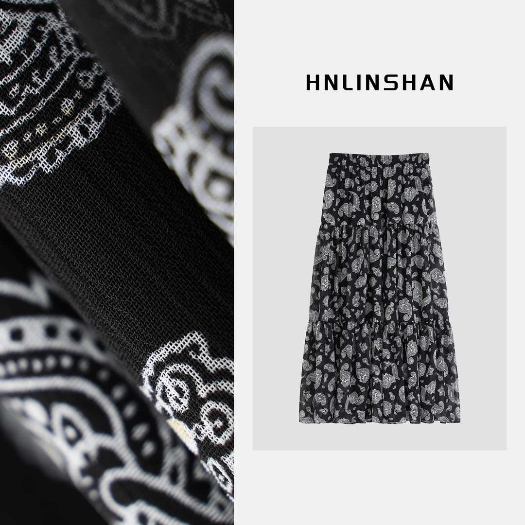 HNLINSHAN【夜光】夏佩斯里花纹松紧腰中长款大裙摆半身裙BCQ1008