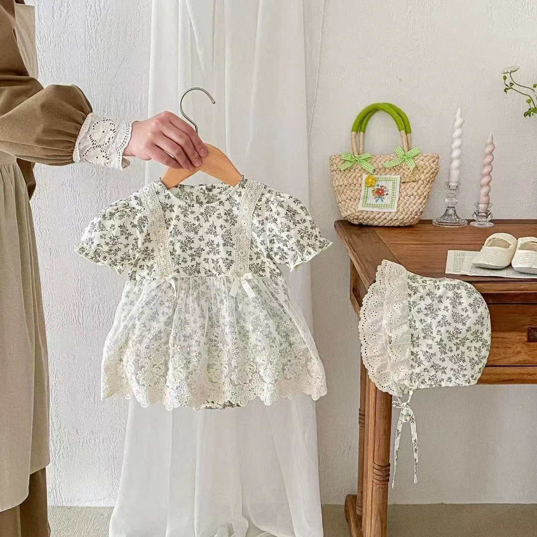 婴儿包屁衣夏装女宝宝短袖蕾丝碎花哈衣百天周岁公主礼服哈裙