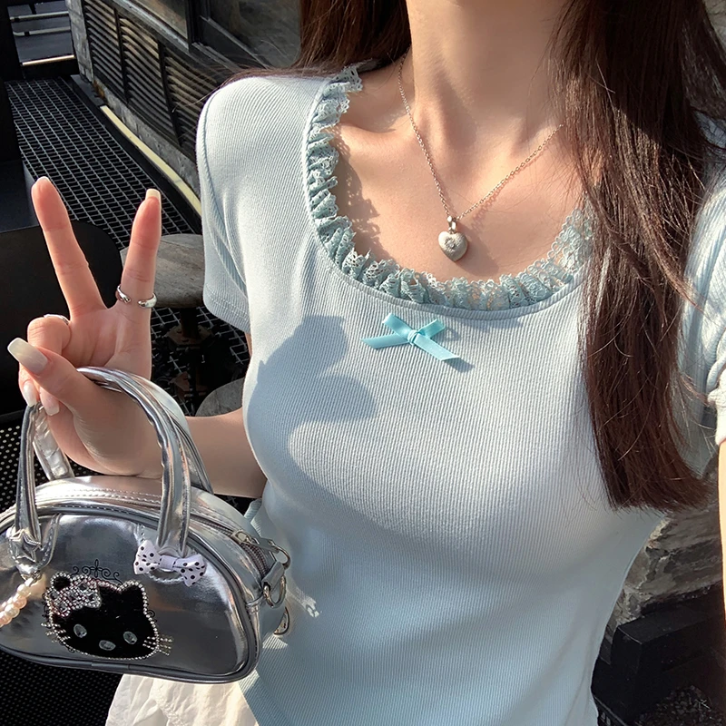 蓝色蝴蝶结短袖t恤女2025年新款夏季正肩纯欲蕾丝花边拼接上衣
