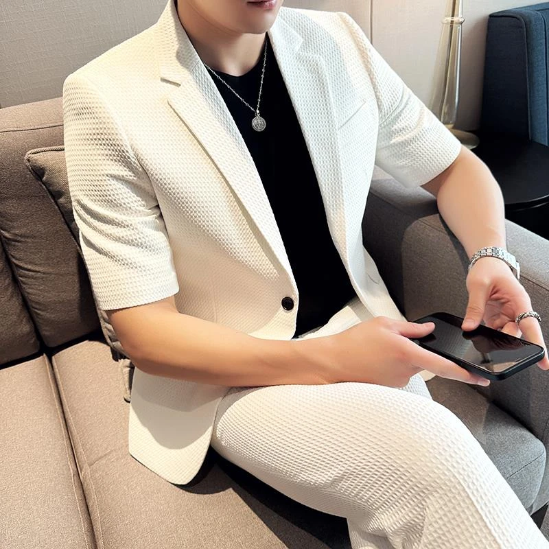 华夫格西服套装男士夏季薄款高级感穿搭痞帅风男装七分袖休闲西装