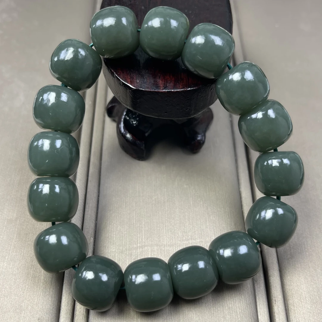 天然和田玉手串14mm新疆料且末蓝老型珠深蓝细料经典单圈一物一证