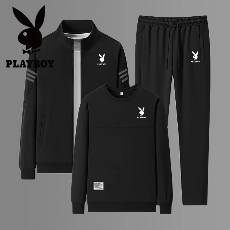 花花公子新款运动套装男士外套春秋休闲大码男装潮流运动服三件套