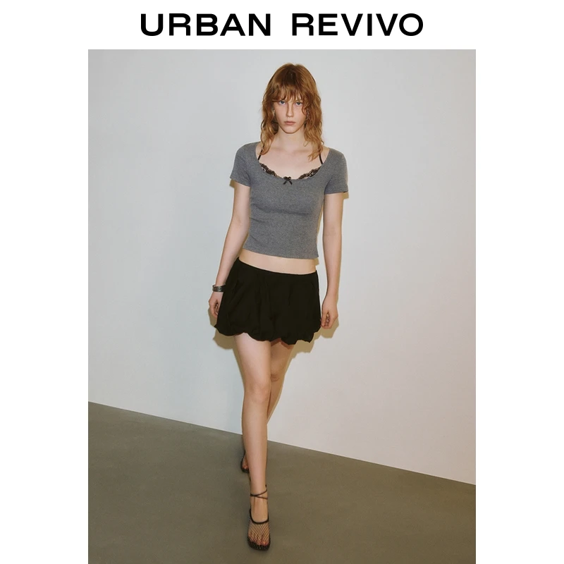 UR2025秋季新款女装拼接蕾丝蝴蝶结装饰短袖T恤UWG450086