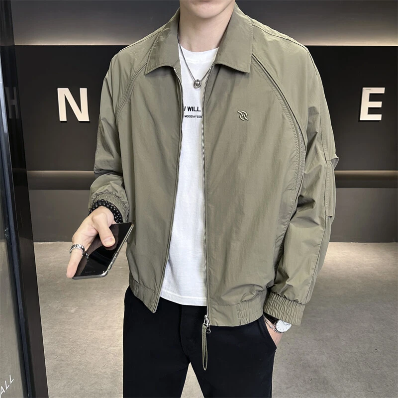 2025春秋季新款翻领夹克男士简约潮流百搭帅气休闲纯色上衣男外套