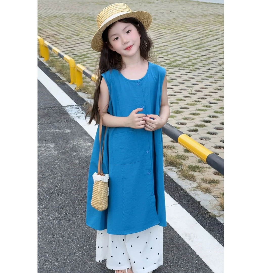 温柔系穿搭蓝色无袖衬衫裙白色波点阔腿裤新款叠穿两件套女童套装