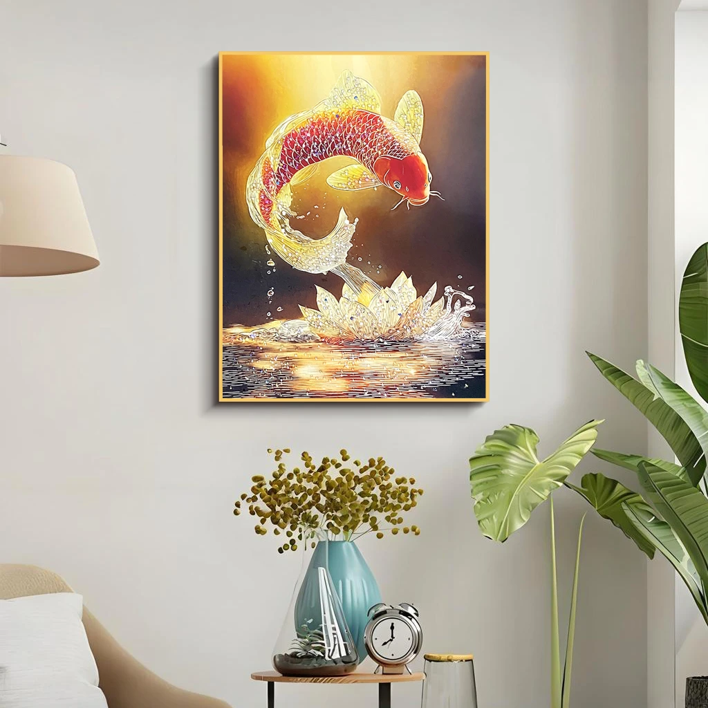 现代入户玄关镶钻装饰画简约财锦锂客厅背景墙画走廊过道锦鲤6080