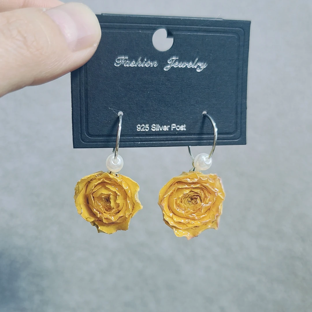 240鲜花手工制作独家diy真花玫瑰干花胶花耳钩耳钉耳饰