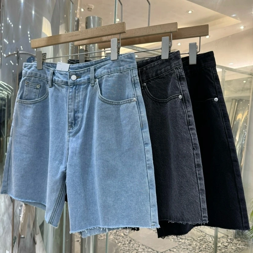 C02238 复古水洗牛仔短裤夏季百搭宽松直筒阔腿五分裤子