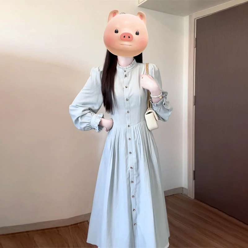 法式蓝色长袖衬衫连衣裙子女秋冬季2025温柔风气质早秋长裙5696