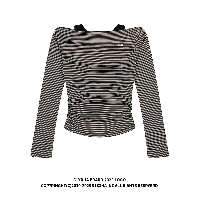 51嘻哈美式复古露肩吊带条纹长袖T恤女秋季修身显瘦短款辣妹上衣