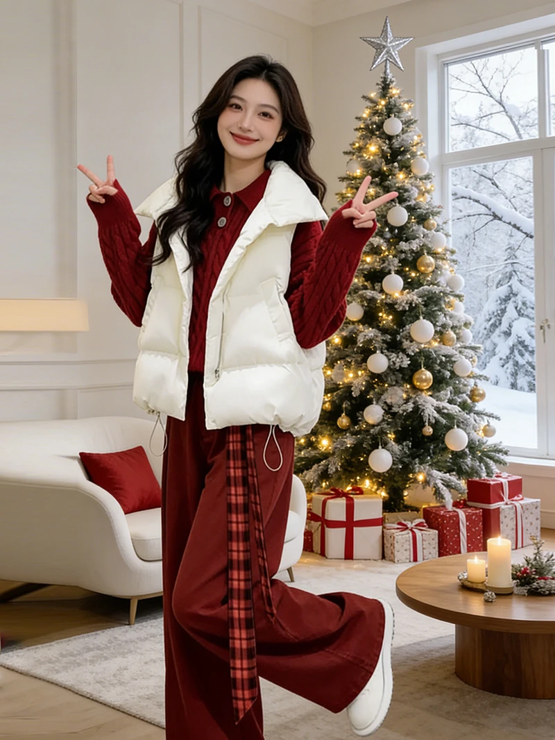 圣诞跨年穿搭马甲红色针织毛衣红色休闲裤冬装一整套休闲减龄套装