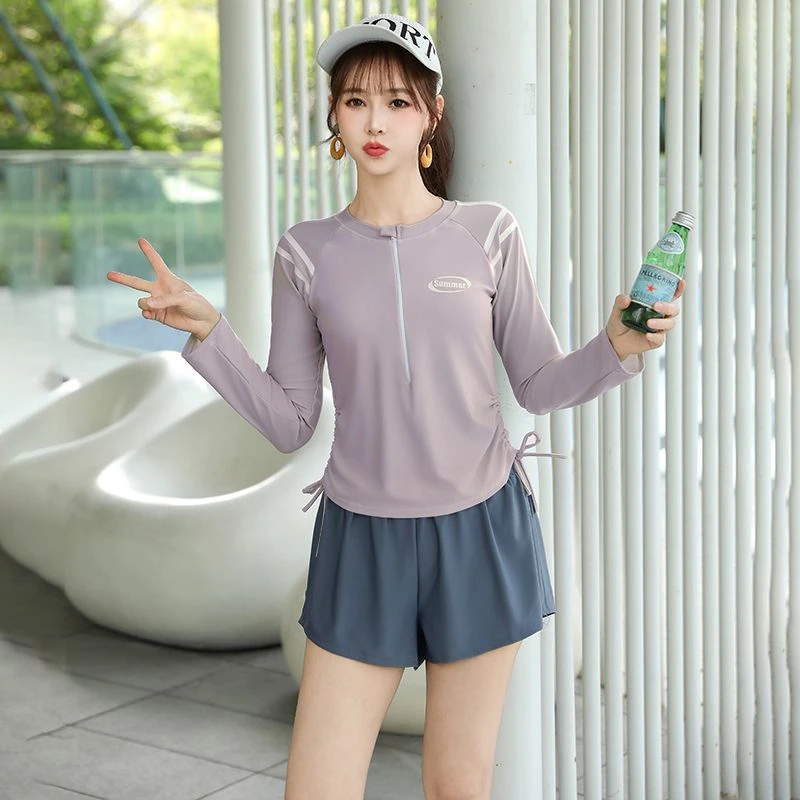 泳衣女长袖初中生学生保守分体游泳衣女童夏季防晒运动泳装速干