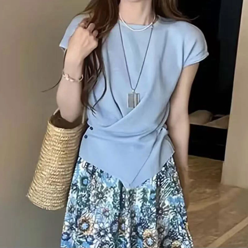 莱赛尔天丝针织交叉设计感短袖气质百搭#9955