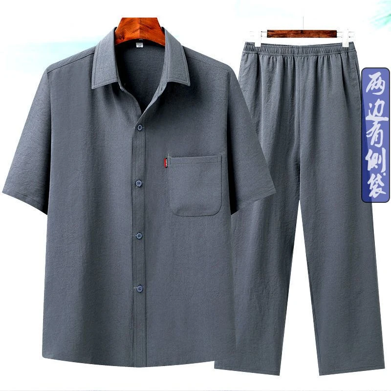 中老年男装爸爸夏季休闲套装男士短袖衬衫爷爷夏装老年人薄款衬衣