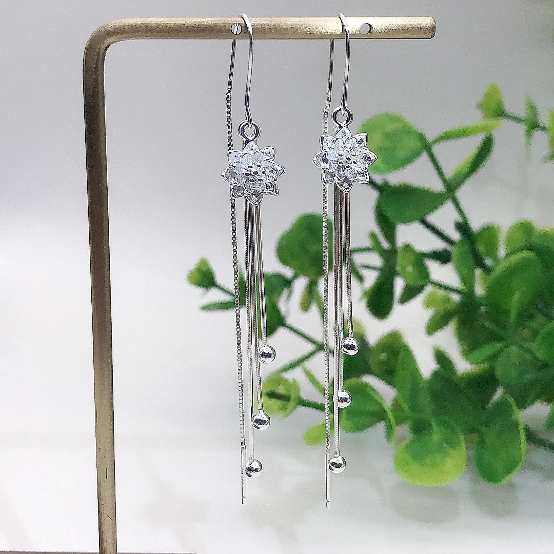 足银耳饰 足银990银好运连连莲花防丢耳线