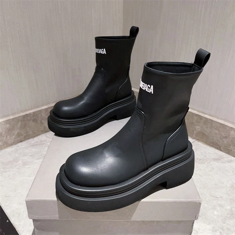 马丁靴女秋冬美拉德瘦瘦靴厚底一脚蹬百搭中筒切尔西靴子A-7