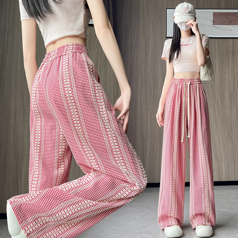 提花格子休闲阔腿裤女夏季2025新款薄款高腰宽松显瘦垂感直筒长裤
