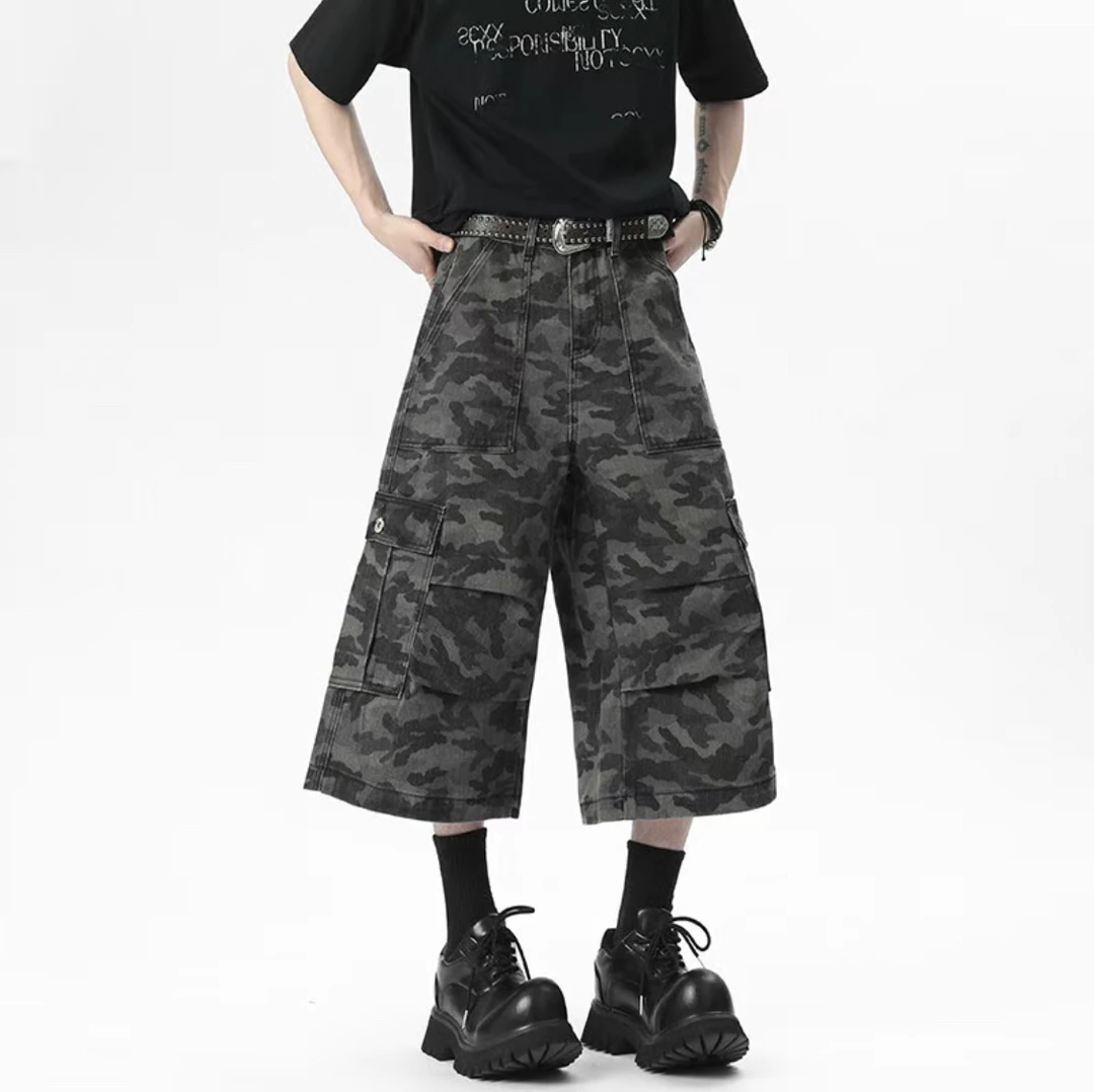 7620【王德发】水洗夏季阔腿裤七分裤中腰牛仔裤美式工装裤迷彩印花