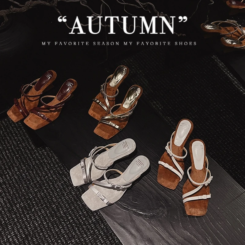 羊皮版~网红爆款仙女风坡跟一字拖鞋女款夏新款复古配裙子凉拖鞋~