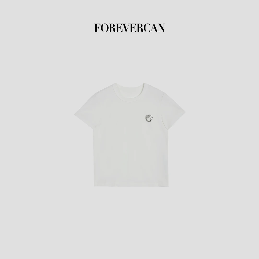 FOREVERCAN“夏日单曲”手工施华洛钻刺绣女装短袖T恤上衣ST21640