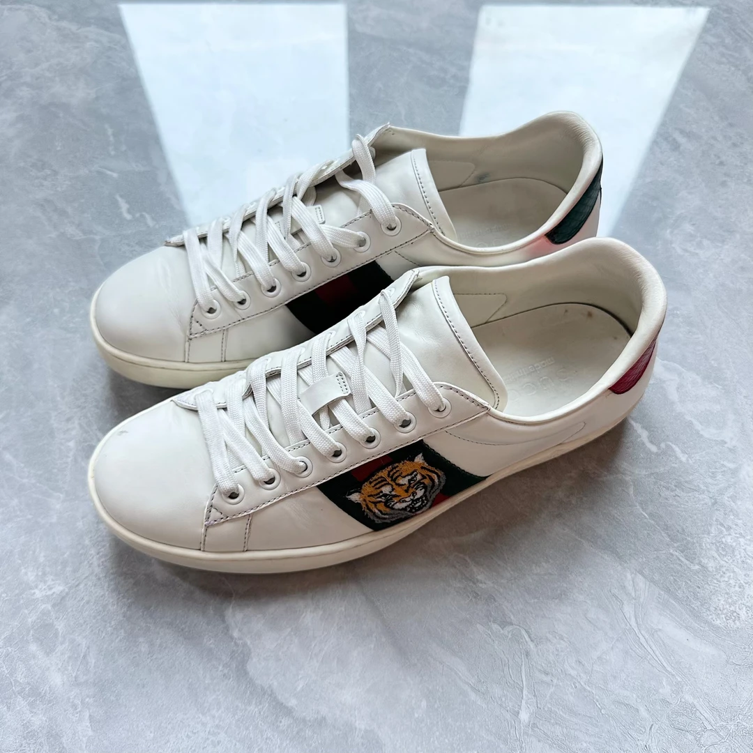 95新 GUCCI/古驰 41码/经典款虎头刺绣时尚板鞋小白鞋/鞋头微磨损