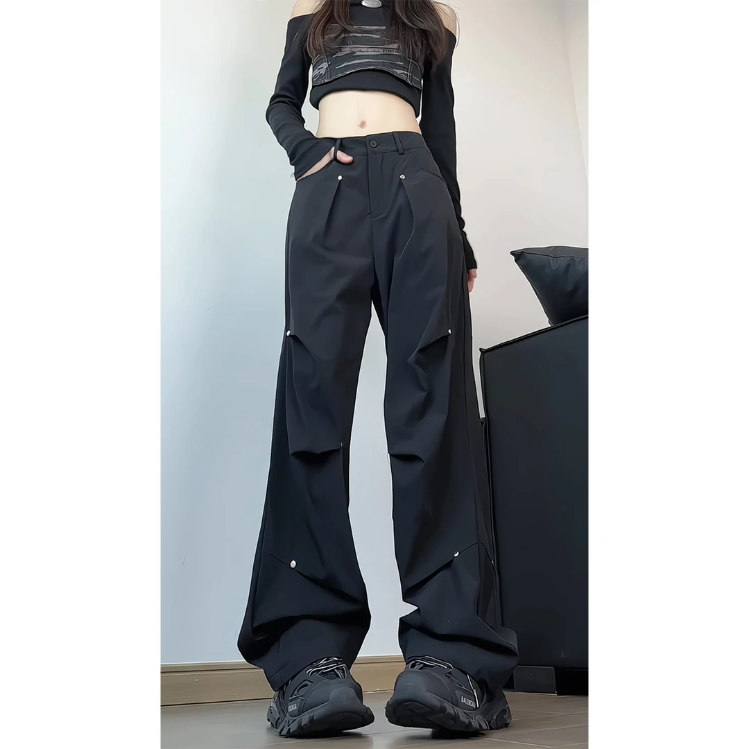 黑色铆钉褶皱设计工装裤男女高街潮牌伞兵裤高个子凉感冰丝休闲裤