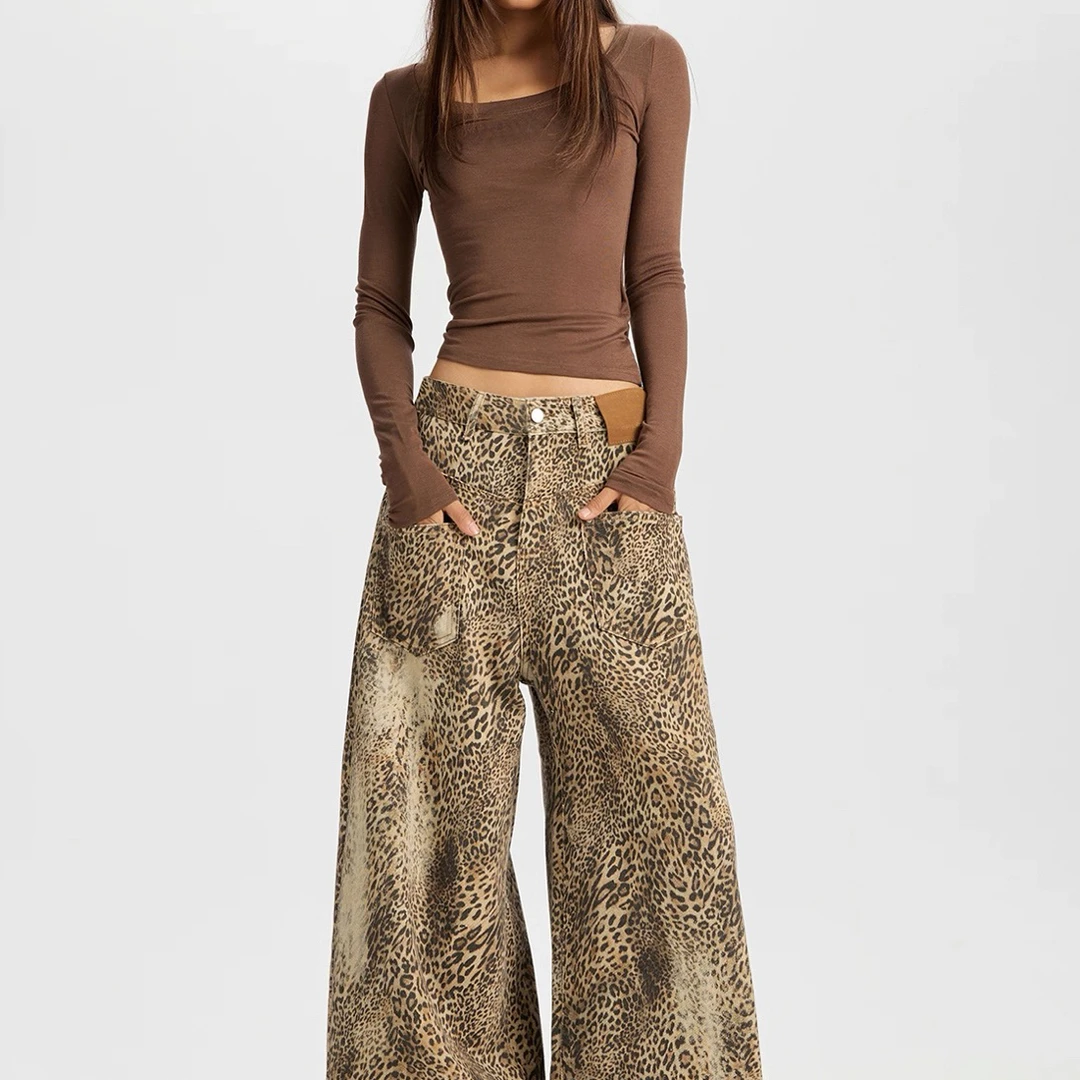 【反骨ZAI】高街美式复古阔腿豹纹牛仔裤女（以直播为准）#08301