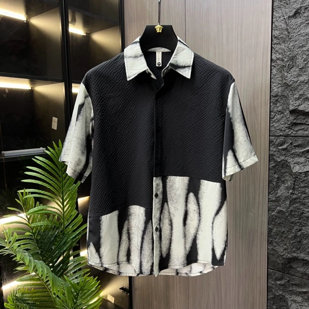 新中式男士短袖衬衫夏季宽松垂感拼接设计时尚休闲衬衣