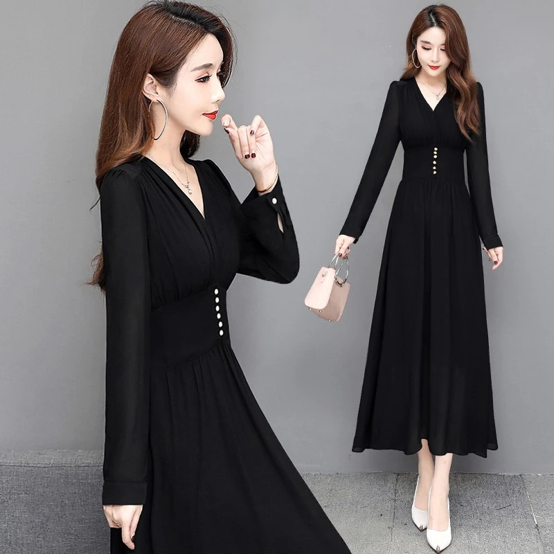 黑色雪纺连衣裙2025早秋新款收腰显瘦气质裙子法式复古赫本风长裙