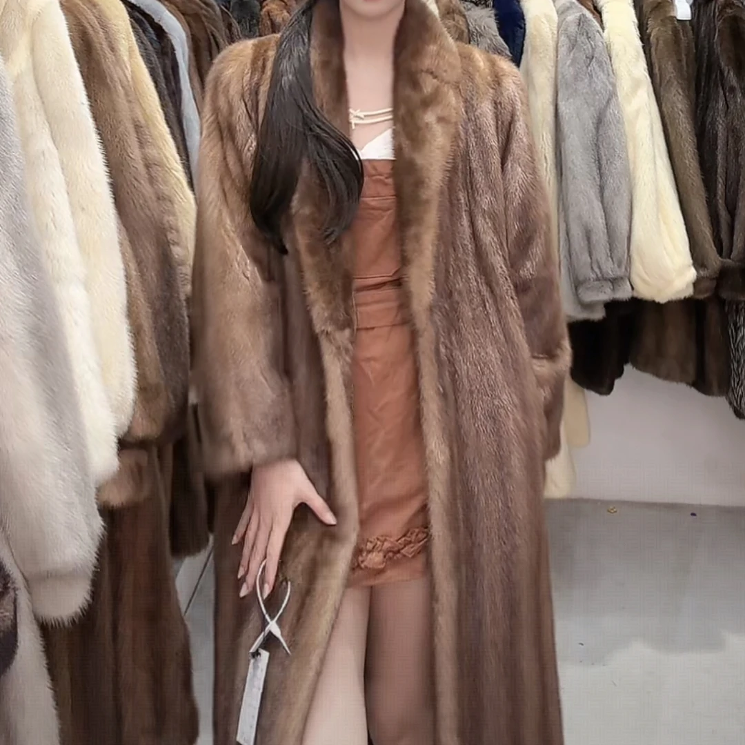 【W496】棕色西服领中长款（胸围116衣长105）中大码水貂进口中古皮草