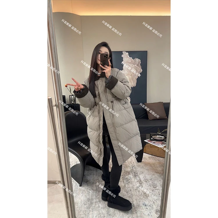 ZX6053韩版棉服2024冬收腰气质中长款拼接翻领棉服女加厚外套