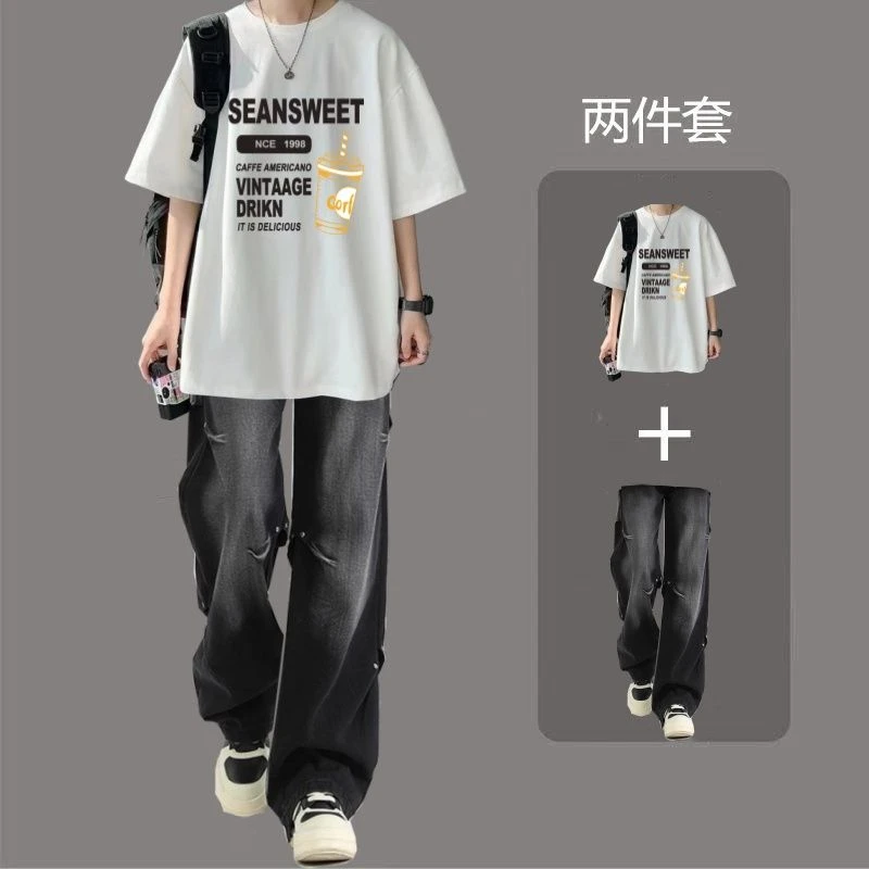 短袖t恤男夏季ins半袖体恤宽松bf百搭休闲高街直筒休闲牛仔裤套装