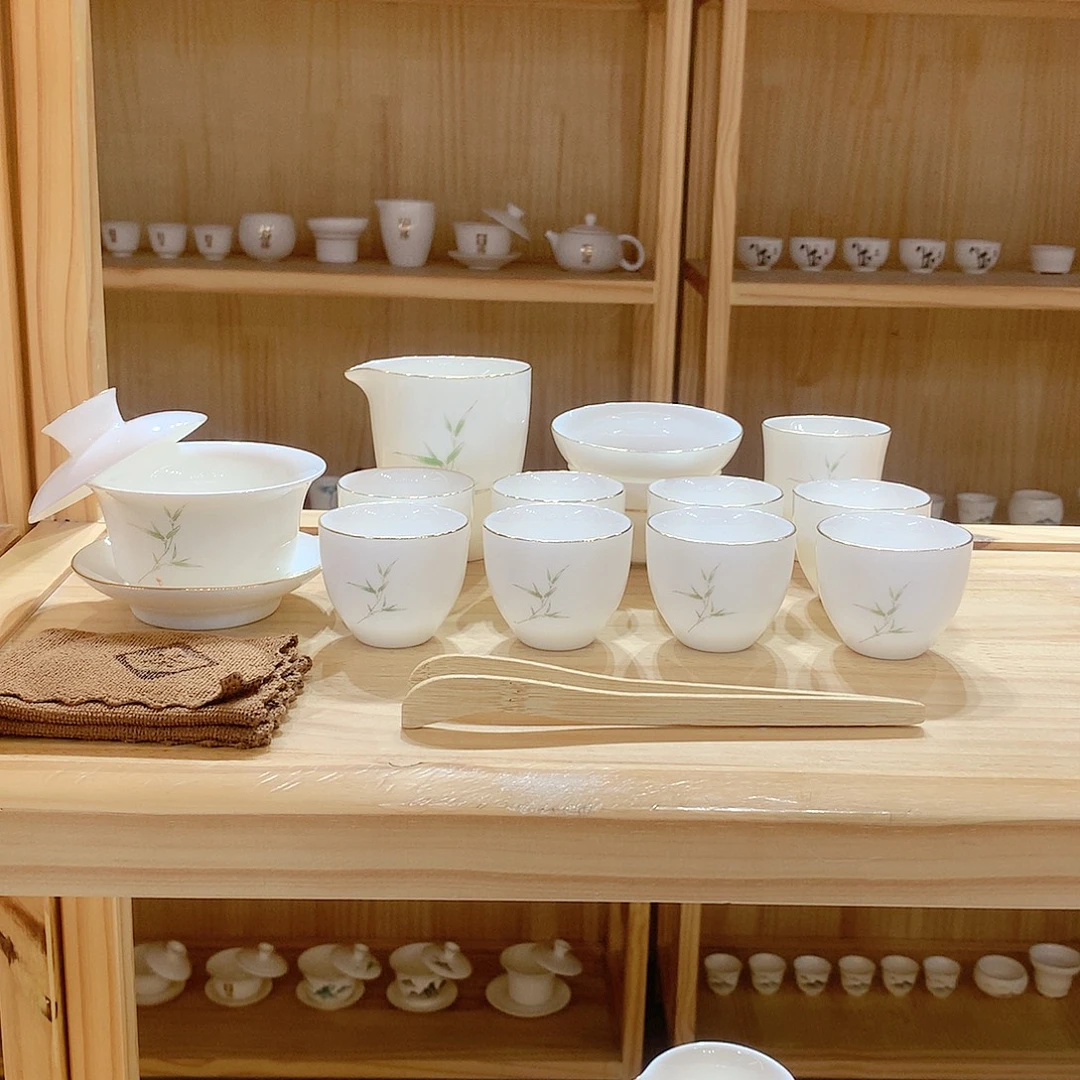 羊脂玉瓷竹报平安15件套功夫茶具