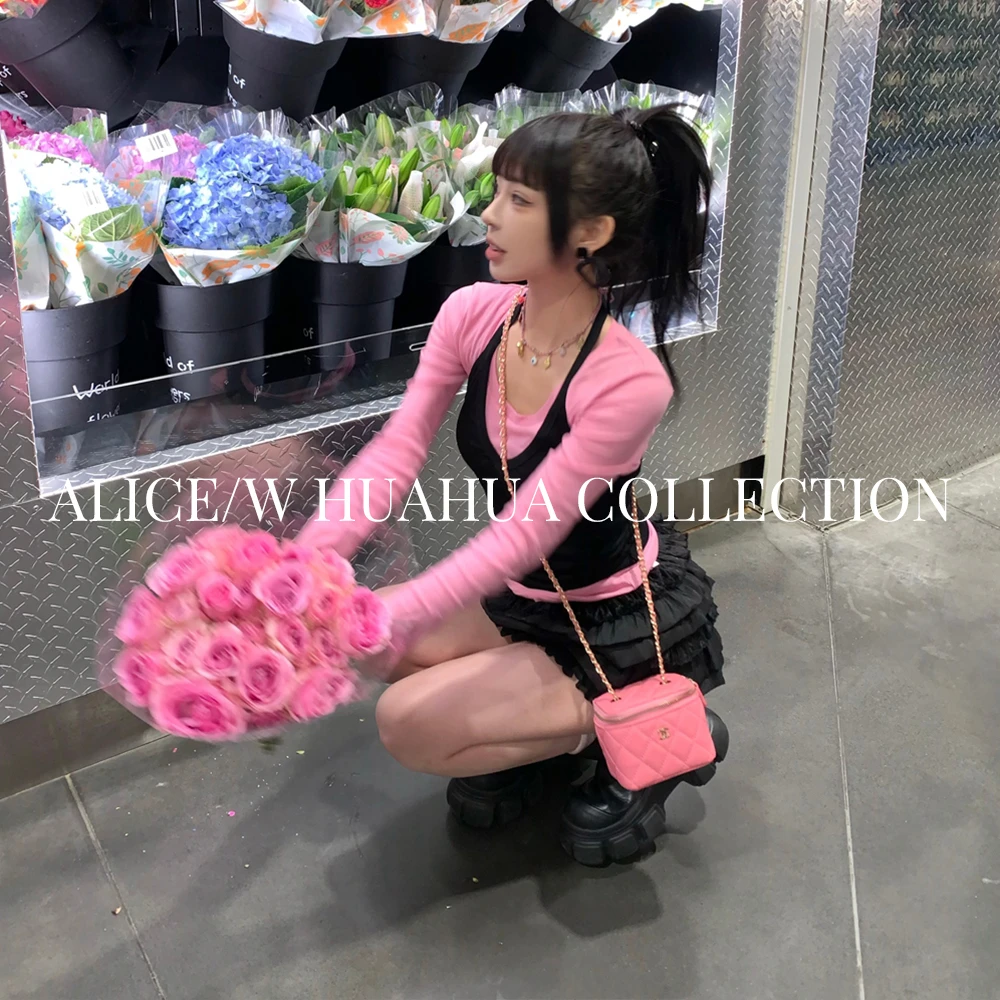 【花粉专享】微透玫粉色长袖开衫上衣女春黑色吊带背心两件套