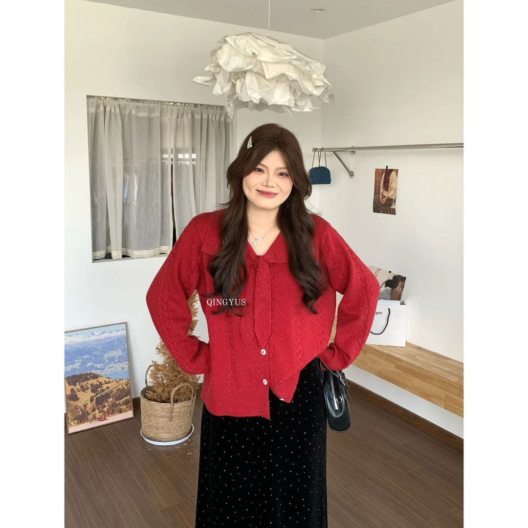 青屿衫-微胖大码冬季新年红色圣诞翻领蝴蝶结温柔风软糯开衫毛衣