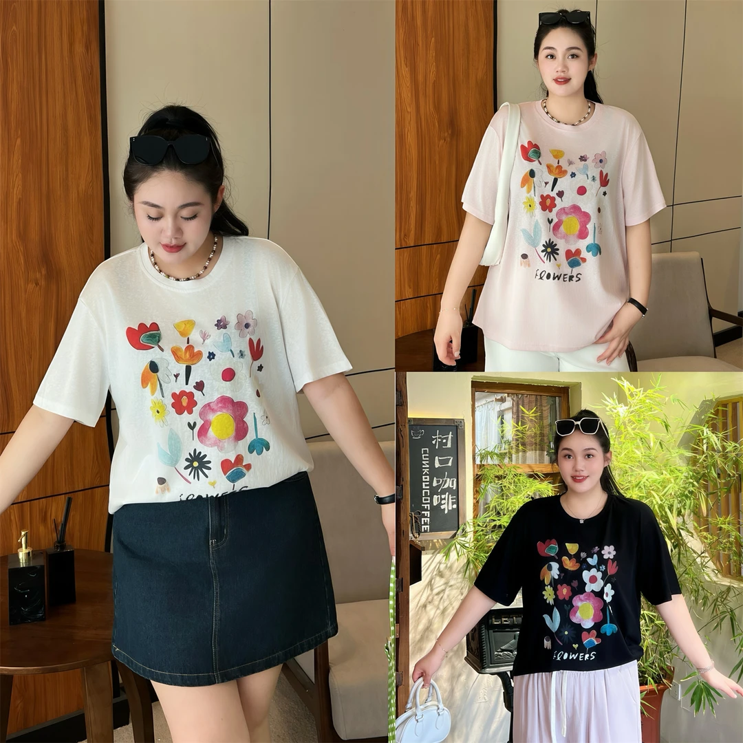 大码女装简约花契200斤胖mm莱赛尔雪花棉彩色小花圆领T恤15359