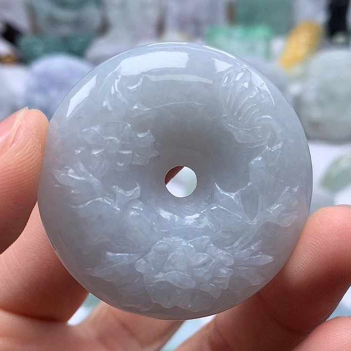 翡翠未镶嵌颈饰花开富贵平安扣两面工艺福利卡厚12+