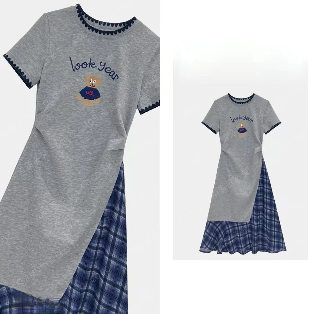 夏日轻奢简约舒适感女装拼接重工刺绣小熊显瘦气质连衣裙