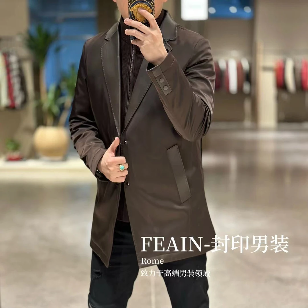 【鹅绒拼真皮】高端定制可拆卸假两件三防真皮拼接鹅绒羽绒服25719