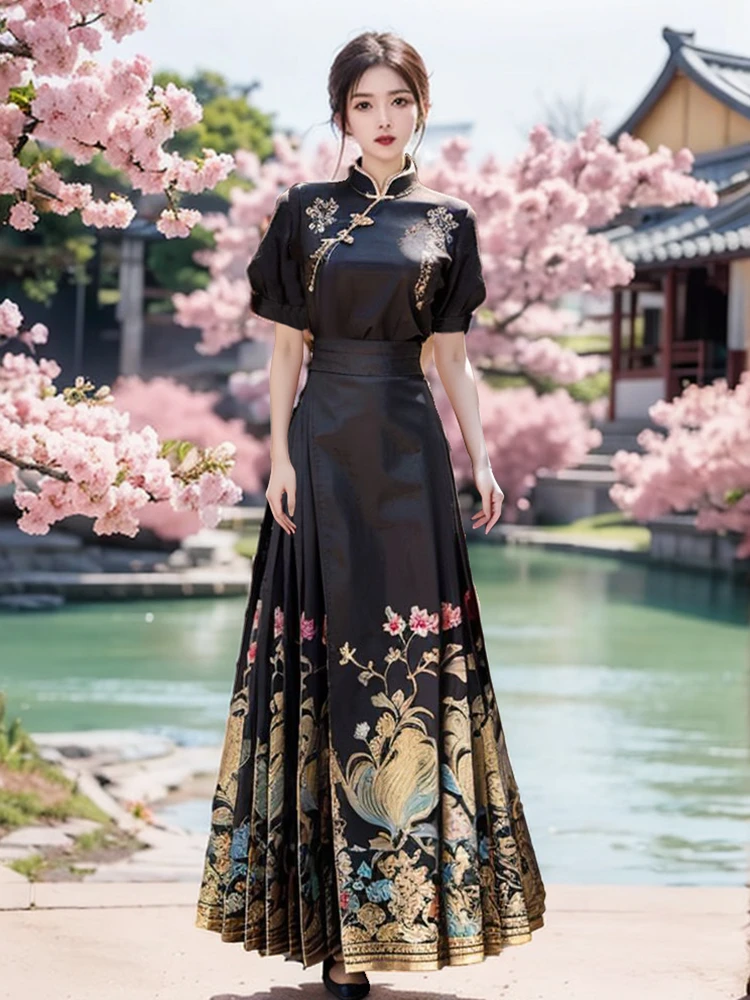 汉服改良旗袍绣花上衣马面裙套装2025夏季新款出游穿搭日常两件套