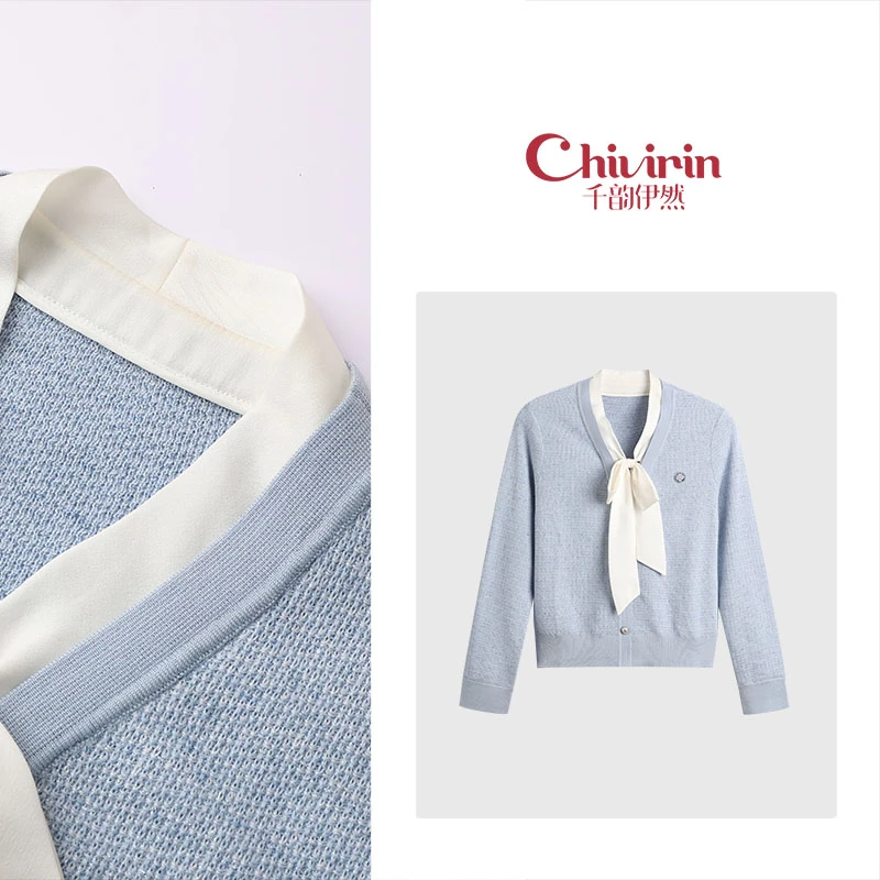 【千韵伊然】春秋时尚百搭日系拼接领结针织套头上衣2553